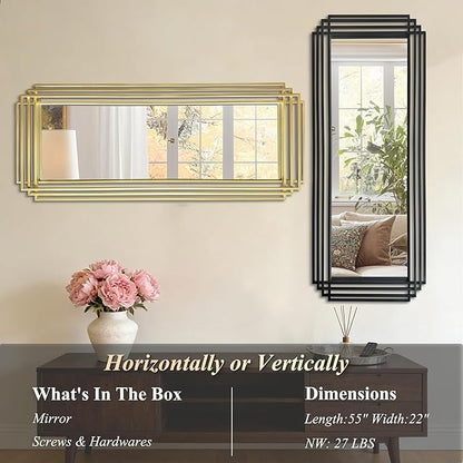 Modern Geometric Wall Mirror, 55"x22" Elegant Rectangle Mirror with Metal Frame, Large Art Wall Mirrors for Living Room Bathroom Bedroom Entryway Hallway, Hangs Vertically or Horizontally