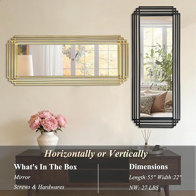 Gold Rectangle Mirror, 55"x22" Geometric Art Deco Mirror with Metal Frame, Large Modern Elegant Wall Mirrors for Living Room Bathroom Entryway Hallway, Hangs Vertically or Horizontally