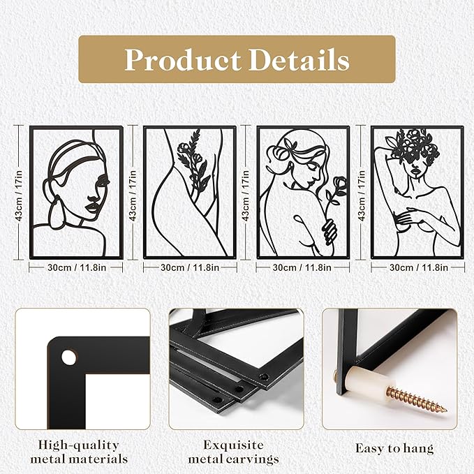 Eilopaa 4 Pack Black Wall Art Décor for living room, Metal Minimalist Abstract Wall Décor bathroom, Single Line Woman's Body Shape Modern Wall Art, Size 17 X 11.8 inches