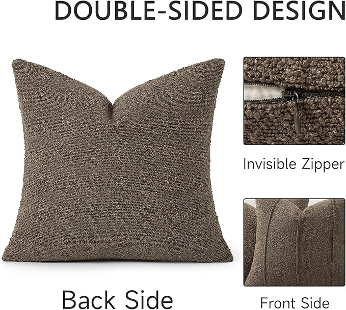 YCOLL Textured Boucle Throw Pillow Covers 22x22 Pack of 2 - Soft Neutral Striped Cushion Covers, Cozy Accent Decorative Pillow Covers for Couch, Sofa, Bed, Living Room (Brown)