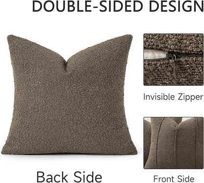 YCOLL Textured Boucle Throw Pillow Covers 22x22 Pack of 2 - Soft Neutral Striped Cushion Covers, Cozy Accent Decorative Pillow Covers for Couch, Sofa, Bed, Living Room (Brown)