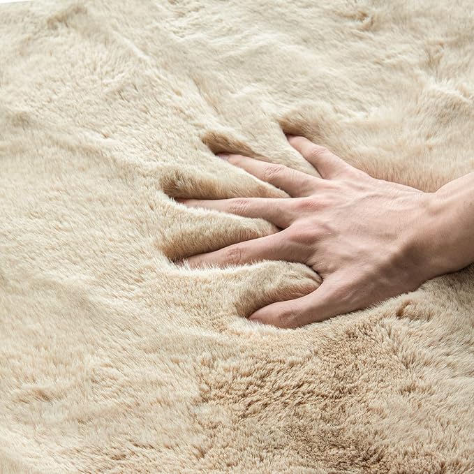 Beige Faux Sheepskin Rabbit Fur Shaggy Rugs for Bedroom Small Shag Washable Fluffy Fur Rug for Living Room Rug 2x3 Nursery Rectange Rugs