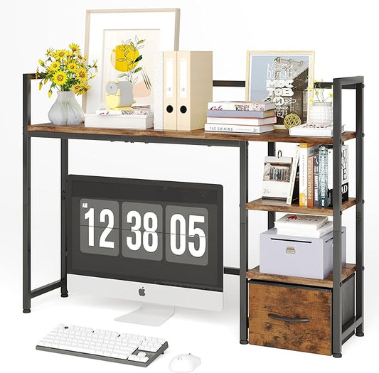 Desk Shelf with Drawer, 41.3" Desktop Organizer Shelf, Desk Hutch for Computer Monitor Max 32", 3 Tier Desktop Display Rack, Wooden Desk Top Bookshelf Storage Rack for Home Office Dorm, Rustic Brown