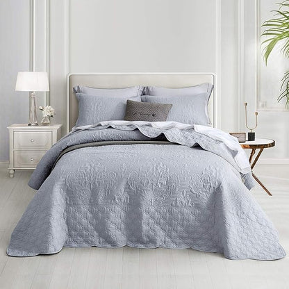 CHIXIN Oversized Bedspread Coverlet Set King Size - Lightweight Bedding Cover - Ultrasonic Quilting - 5 Piece Reversible Bedspread - Elegant Damask Paisley Pattern (King, Light Grey)