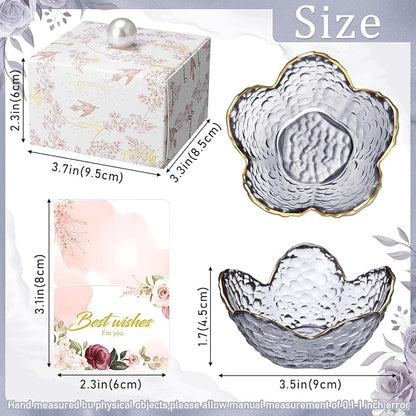 Quelay 8 Set Flower Ring Dish Jewelry Tray with Box and Greeting Card, Small Glass Trinket Tray for Rings Earrings Jewelry Room Decor Gifts for Women Mom Wife Daughter (Grey)