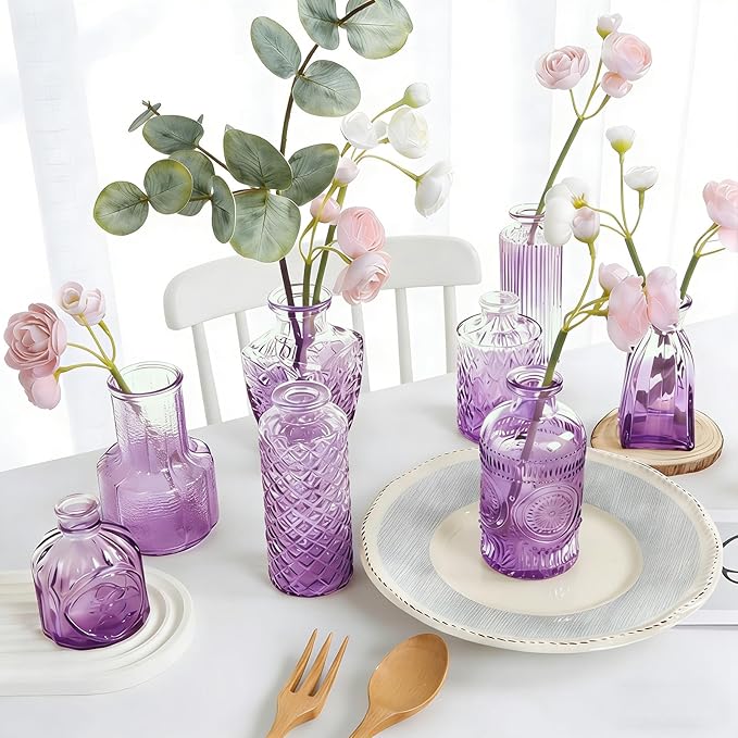 Amethyst Purple Ombré Glass Bud Vases Set of 12, Vintage Small Flower Vases for Centerpiece, Boho Wedding, Party, Baby Shower, Embossed Assorted Tiny Vase Bulk for Table, Mantel, Home Decor