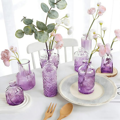 Amethyst Purple Ombré Glass Bud Vases Set of 12, Vintage Small Flower Vases for Centerpiece, Boho Wedding, Party, Baby Shower, Embossed Assorted Tiny Vase Bulk for Table, Mantel, Home Decor