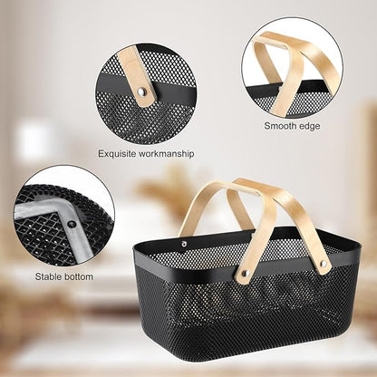 Sadnyy 4 Pcs Plastic Mesh Garden Harvest Basket Storage Basket with Wooden Handle Multi Functional Mesh Bin for Kitchen Cabinet Picnic Fruit Vegetable Gathering Organizer(Large, Small,Black)
