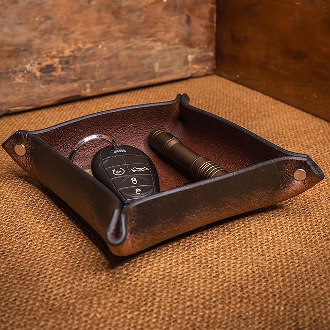 Valet Tray – Full-Grain Leather Catchall Organizer for Keys, Phone & Wallet – Rustic Nightstand & Desk Tray with Raised Sides – Handmade in USA (Vintage Brown, Small Square)