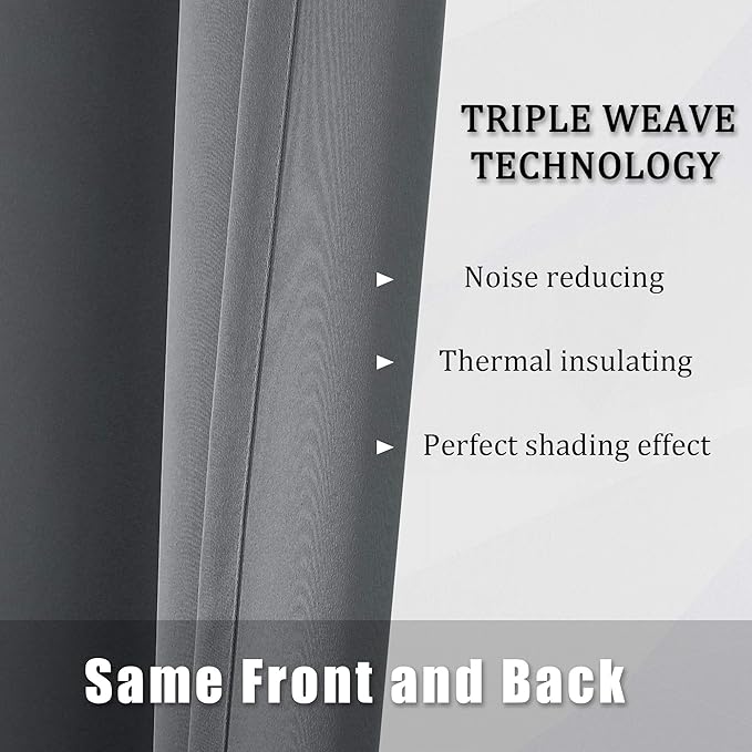 DUALIFE Grey Blackout Curtains for Bedroom 63 inches Long 2 Panels Grommet Window Treatment Thermal Insulated Room Darkening Window Panels Drapes for Living Room 52x63 inch Length