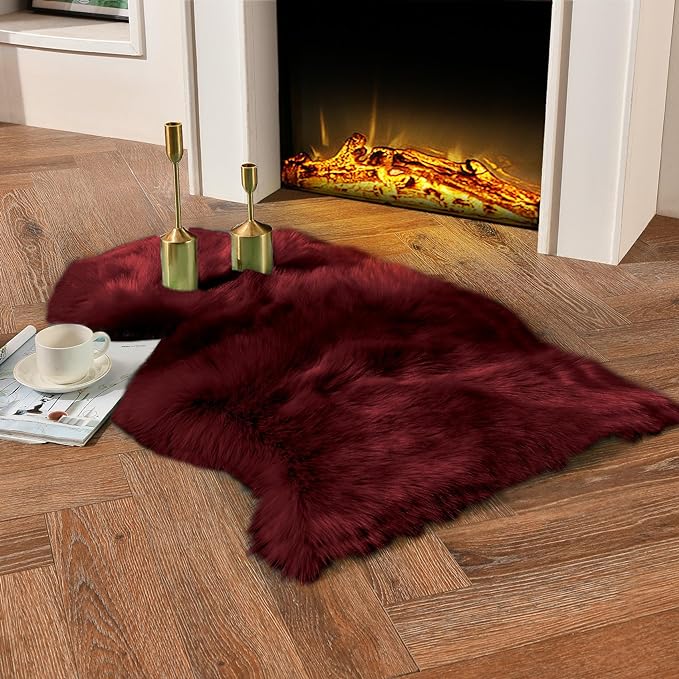 duduta Burgundy Sheepskin Throw Rug 2x3 ft, Fluffy Shag Faux Fur Seat Chair Covers Non Slip Washable