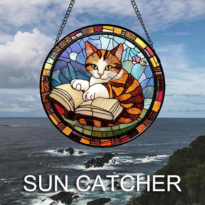 Stained Glass Window Hanging Little Cat Reading 6.3" - Suncatcher Door Garden Kitchen Sunroom Sun Catcher Home Decor Birthday for Lost Pets Mom Grandma Men Woman Friend