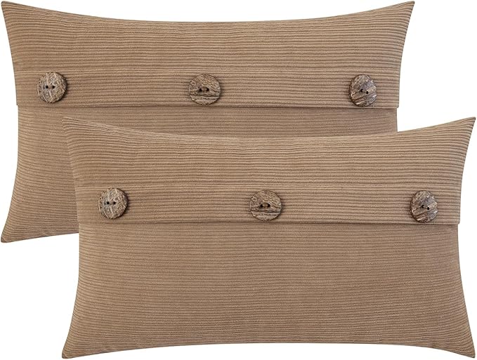 HWY 50 Taupe Chenille Throw Pillow Covers 12x20 Inch with Triple Buttons, Soft Farmhouse Accent Decorative Cushion Cases for Couch Sofa Living Room Pack of 2 Rectangle