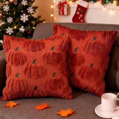 Fall Pumpkin Decorative Throw Pillow Covers 20x20 Set of 2 Pillow Covers, Faux Fur Square Pillow Cover Fluffy Plush Accent Throw Pillow Case, Throw Pillow Cover Cushion Cover for Autumn, Rust Red