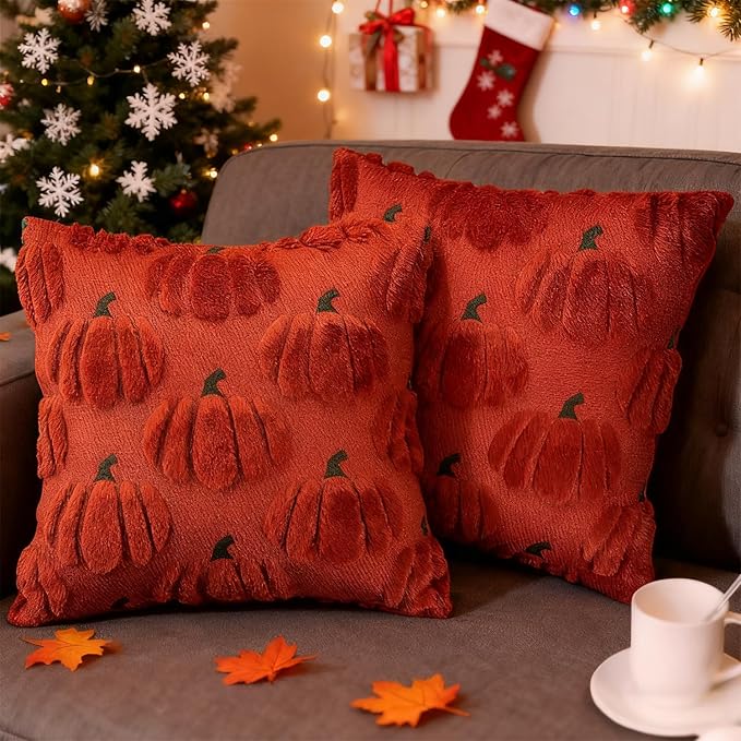 Fall Pumpkin Decorative Throw Pillow Covers 24x24 Set of 2 Pillow Covers, Faux Fur Square Pillow Cover Fluffy Plush Accent Throw Pillow Case, Throw Pillow Cover Cushion Cover for Autumn, Rust Red