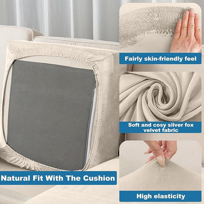 Couch Cover 4-Piece Elastic Velvet Couch Cushion Covers & Chaise Slipcovers for L-Shaped Sofas - Sofa Seat Covers Washable, Soft Protector for Couches (3 Seater + Chaise, Ivory)