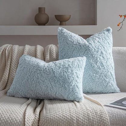 Neelvin Set of 2 Faux Fur Throw Pillow Covers 22x22 Inch Blue Cozy Soft Solid Decorative Pillowcases Thick Plush Sheepskin Cushion Case for Chair and Couch Sofa Bedroom