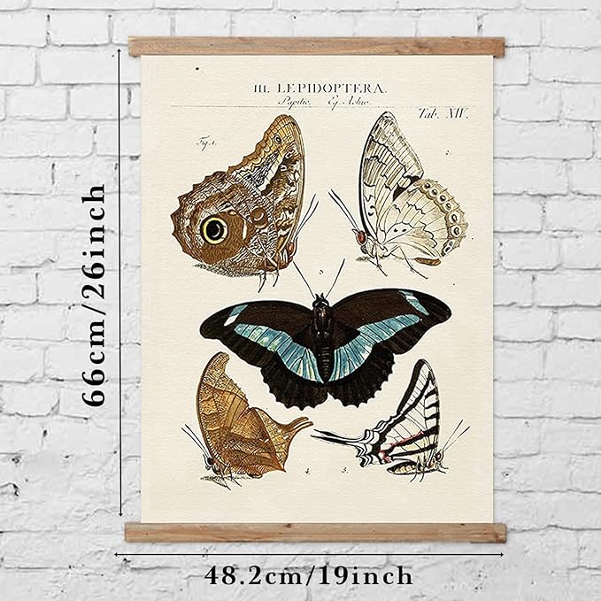 Vintage Butterfly Hanging Posters, Retro Style of Wall Art Prints, Printed on Linen with Wood Frames, Ready to Hang