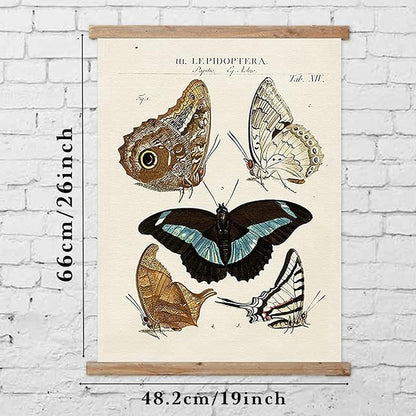 Vintage Butterfly Hanging Posters, Retro Style of Wall Art Prints, Printed on Linen with Wood Frames, Ready to Hang