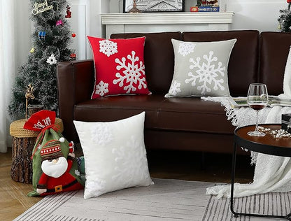 mixeoo Ivory White Winter Decorative Throw Pillow Covers Snowflake Embroidered Soft Thick Durable Square Solid Cushion Cases for Sofa, Pack of 2, 18 x 18 Inch