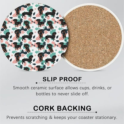 Cute Dog Drink Coasters for Drinks Set of 6,Dachshund Dog Floral Absorbent Round Ceramic Stone Mat Coaster,with Cork Base and Metal Holder, Home Bar Decor House Warming Gift