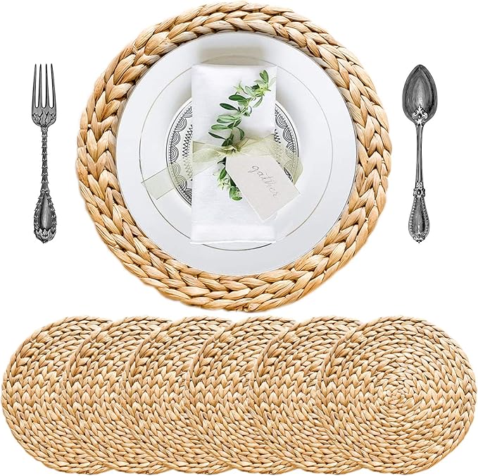 Woven Placemats Set of 6, Table Mats Set of 6, Water Hyacinth Round Placemats for Round Table, Chargers for Dinner Plates, Wicker Chargers for Dinner Plates, Woven Placemat, Place Mats 11.8 in