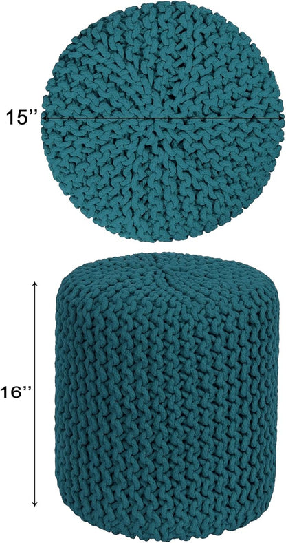 COTTON CRAFT Braided Round Pouf - Hand Knitted Cotton Cord Cable Dori Cylindrical Ottoman - Foot Stool - Floor Pouf - Footrest - Accent Seat - Living Room Bedroom Dorm Décor - 15 Round x 16 H - Teal