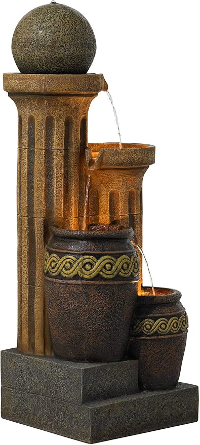 Sphere Jugs and Columns 50" High Large Rustic Indoor Outdoor Decor Faux Stone Floor Fountain with Light LED Standing Waterfall Water Feature for Outside Garden Patio Yard Backyard - John Timberland