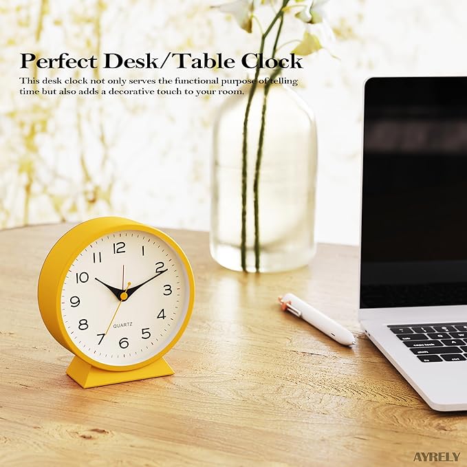 AYRELY® 4.5" Analog Alarm Clock,Small Retro Desk Clock Battery Operated,Slient Metal Table Clock with Light for Living Room Decor,Bedroom,Bedside,Shelf (Orange-Yellow)