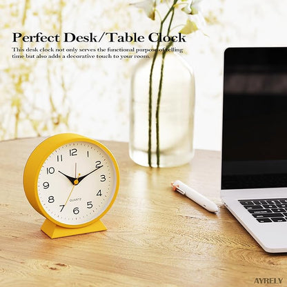 AYRELY® 4.5" Analog Alarm Clock,Small Retro Desk Clock Battery Operated,Slient Metal Table Clock with Light for Living Room Decor,Bedroom,Bedside,Shelf (Orange-Yellow)