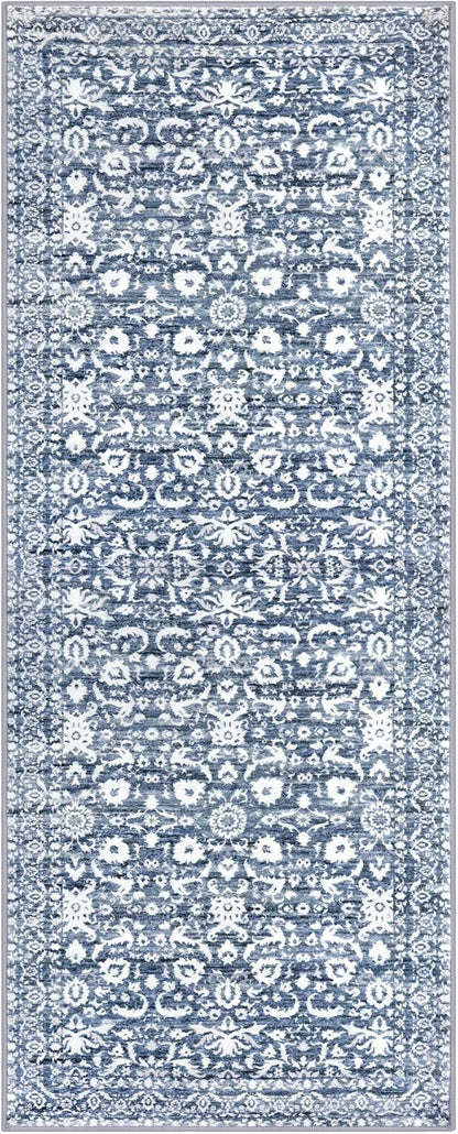 Vintage Floral 2x5 Runner Rug, Light Blue White Washable Kitchen Runner Rug Non-Slip Hallway Rug Runner Super Soft Thin Printed Faux Wool Carpet for Entryway Bedroom Bedside Laundry Room Indoor