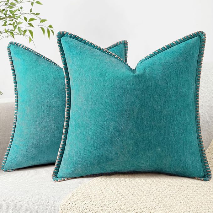 decorUhome Spring Chenille Soft Throw Pillow Covers 24x24 Set of 2, Farmhouse Velvet Neutral Decorative Euro Sham Pillow Covers with Stitched Edge for Couch Sofa Bed Home Decor, Turquoise