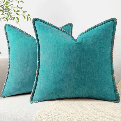 decorUhome Spring Chenille Soft Throw Pillow Covers 20x20 Set of 2, Farmhouse Velvet Neutral Decorative Pillow Covers with Stitched Edge for Couch Sofa Bed Home Decor, Turquoise