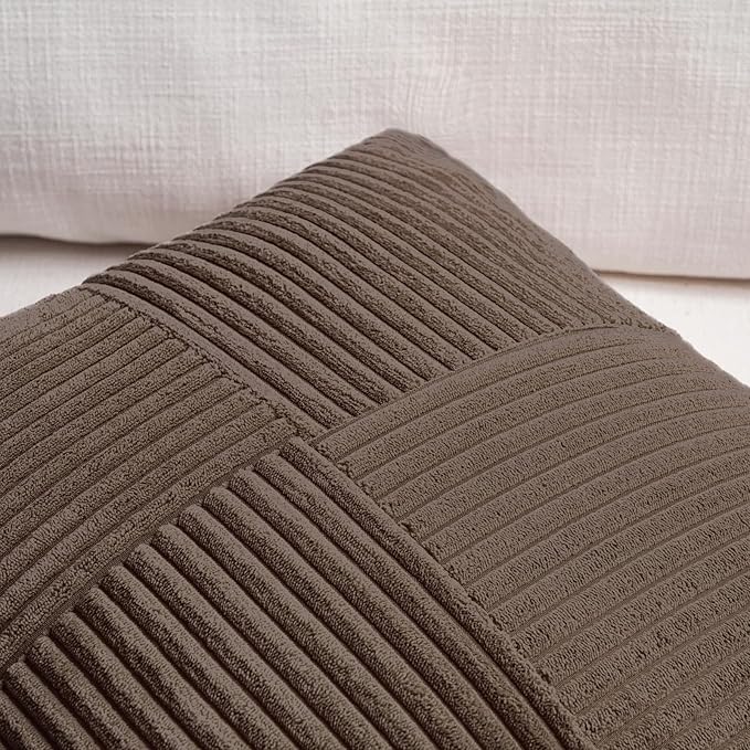 Fancy Homi 2 Packs Dark Brown Lumbar Decorative Throw Pillow Covers 14x22 Inch for Living Room Couch Bed, Rustic Farmhouse Boho Home Decor, Soft Striped Corduroy Rectangle Accent Cushion Case 35x55 cm