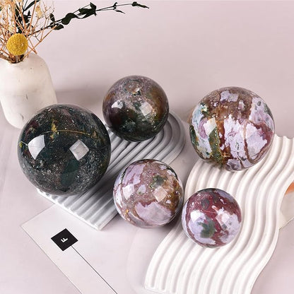JIC Gem Natural Ocean Jasper Crystal Sphere Decorative Ball with Wooden Stand Meditation Balls for Witchcraft Reiki Healing Gift 50-60mm