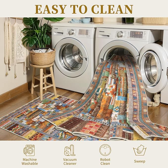 Tangsoo Washable Runner Rug Non Slip, 2x5 Vintage Runner Rug for Hallway, Soft Low Pile Tribal Carpet 2x5 Rug Runners for Kitchen Bathroom Laundry Bedroom Entrance Bedside (Yellow Multi)