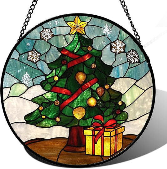 DASTOLL Stained Glass Window Hanging Green Christmas Tree Snowflake Large 11.8" - Suncatcher Door Garden Sun Catcher Xmas Holiday Decor Birthday for Mom Men Woman Friend Nana