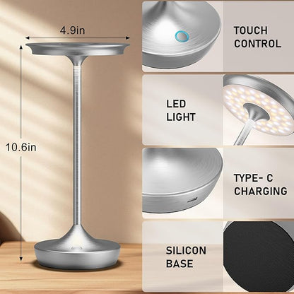 LED Cordless Table Lamps Rechargeable - Outdoor 6000mAh Battery Operated Portable Tables Light 3 Color Stepless Dimming Lamp with Memory Function for Patio Restaurant Dining Silver