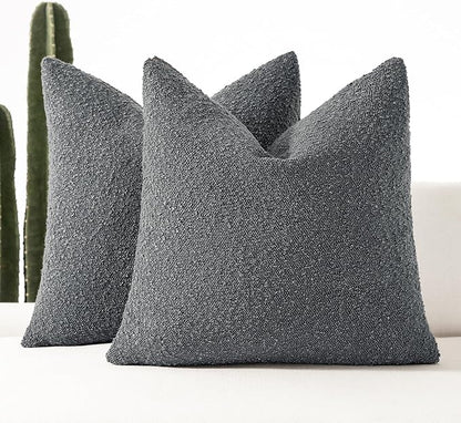 Boucle Decorative Throw Pillow Covers for Couch Set of 2, 24x24 inches, Charcoal