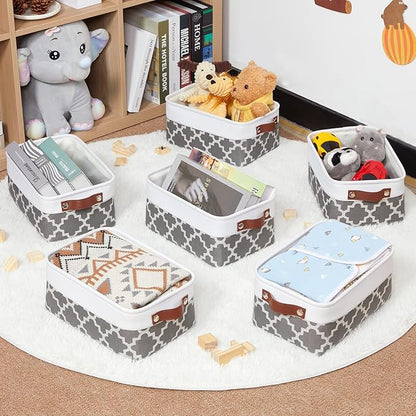 HNZIGE Small Baskets Fabric Storage Baskets(6 Pack) Storage Bins with Leather Handles Empty Gift Basket Decorative Storage Baskets for Shelves, Baby Clothes Toys(Pattern&White,11.8" x 7.8" x 5.1")