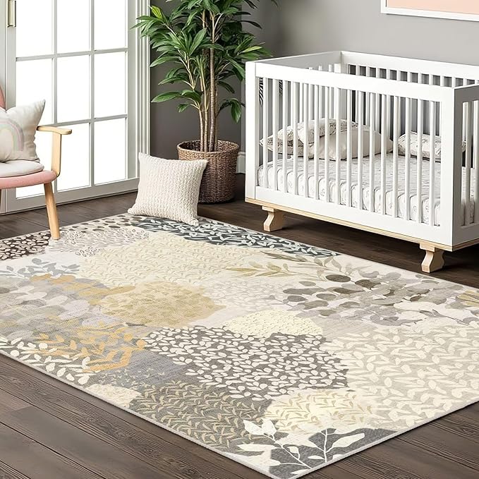DEXDE Washable Area Rug 3x5 for Living Room, Abstract Small Boho Rugs Non Slip Soft Kids Room,Vintage Leaves Floral Carpet for Bedroom Entryway Kitchen Office Dining Room, Gray