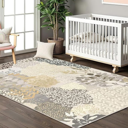 DEXDE Washable Area Rug 3x5 for Living Room, Abstract Small Boho Rugs Non Slip Soft Kids Room,Vintage Leaves Floral Carpet for Bedroom Entryway Kitchen Office Dining Room, Gray