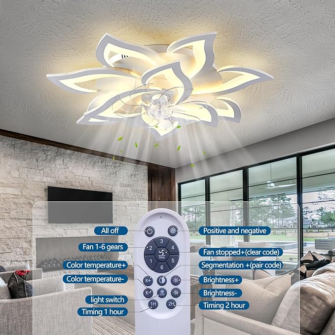 HuixuTe 32" Modern Geometric Ceiling Fan with Lights Remote Control, White 6 Speeds 3 Colors Low Profile Ceiling Fan with Light for Living Room