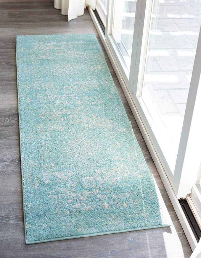 Rugs.com Arlington Collection Rug – 6 Ft Runner Aqua Medium-Pile Rug Perfect for Hallways, Entryways