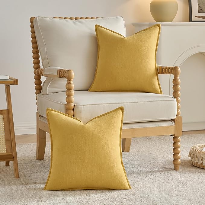 FUTEI Mustard Yellow Chenille Throw Pillow Covers 16x16 Inch Set of 2,Edges Double-Stitched Cushion Cases,Modern Home Decor for Couch Living Room