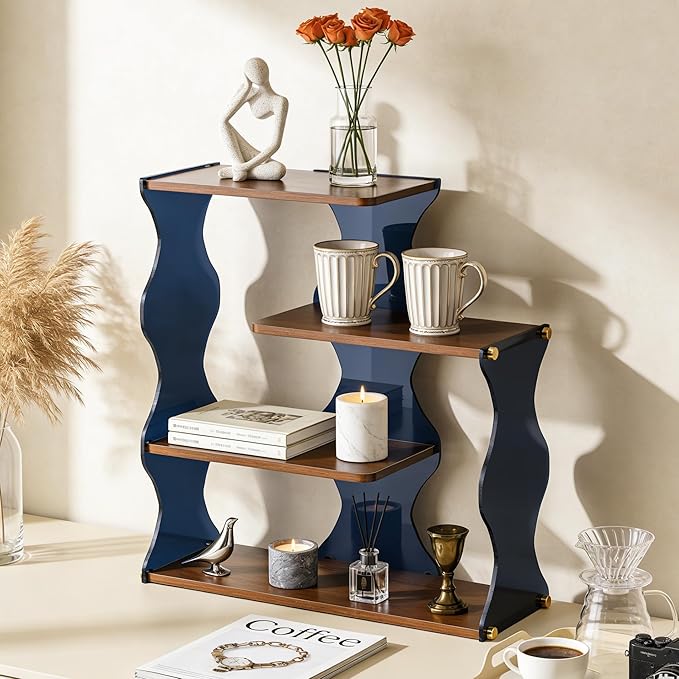 Acrylic Wave Desktop Organizer, 4-Tier Wood Shelf Display Stand for Desk, Bathroom, Kitchen & Closet — Modern Storage Rack for Cosmetics, Office Supplies, Mugs, Plants, Spices and Small Decor