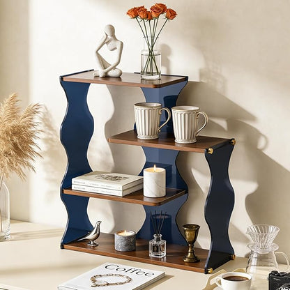 Acrylic Wave Desktop Organizer, 4-Tier Wood Shelf Display Stand for Desk, Bathroom, Kitchen & Closet — Modern Storage Rack for Cosmetics, Office Supplies, Mugs, Plants, Spices and Small Decor