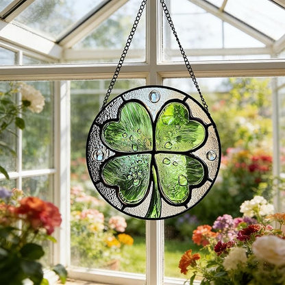 Stained Glass Window Hanging, Green Silver 4 Leaf Clover Sun Catcher for Window Door Home Decor Plant Suncatcher Christmas Mother's Day Birthday Gifts for Women Men Mom Nana 7.8 in