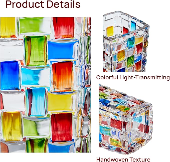 Hand Woven Colorful Glass Flower Vase - 7.7 Inch Mosaic Crystal Vase for Flowers, Unique Stained Glass Vase for Centerpieces, Weddings, Home Decor & Gifts for Women
