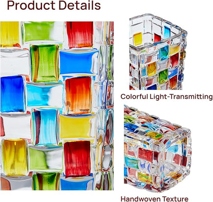 Hand Woven Colorful Glass Flower Vase - 7.7 Inch Mosaic Crystal Vase for Flowers, Unique Stained Glass Vase for Centerpieces, Weddings, Home Decor & Gifts for Women